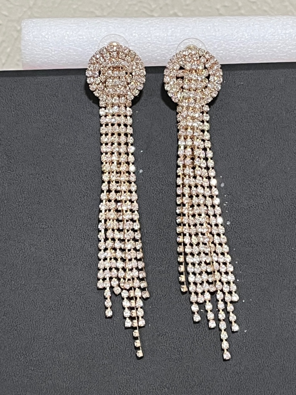 Rhinestone Tassel Drop Earrings in Gold Tone